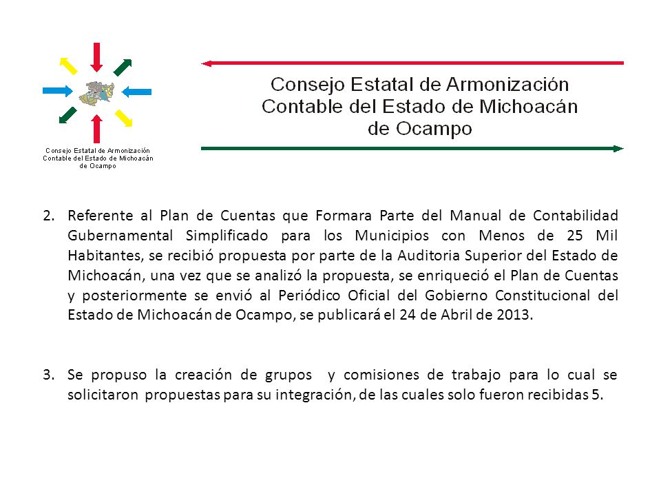 Referente al Plan de Cuentas que Formara Parte del Manual de Contabilidad Gubernamental Simplificado para los Municipios con Menos de 25 Mil Habitantes, se recibió propuesta por parte de la Auditoria Superior del Estado de Michoacán, una vez que se analizó la propuesta, se enriqueció el Plan de Cuentas y posteriormente se envió al Periódico Oficial del Gobierno Constitucional del Estado de Michoacán de Ocampo, se publicará el 24 de Abril de 2013.