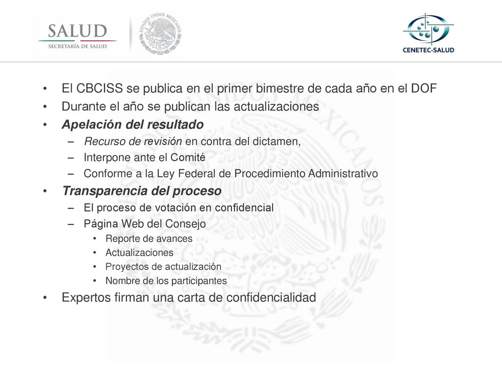 El CBCISS se publica en el primer bimestre de cada año en el DOF