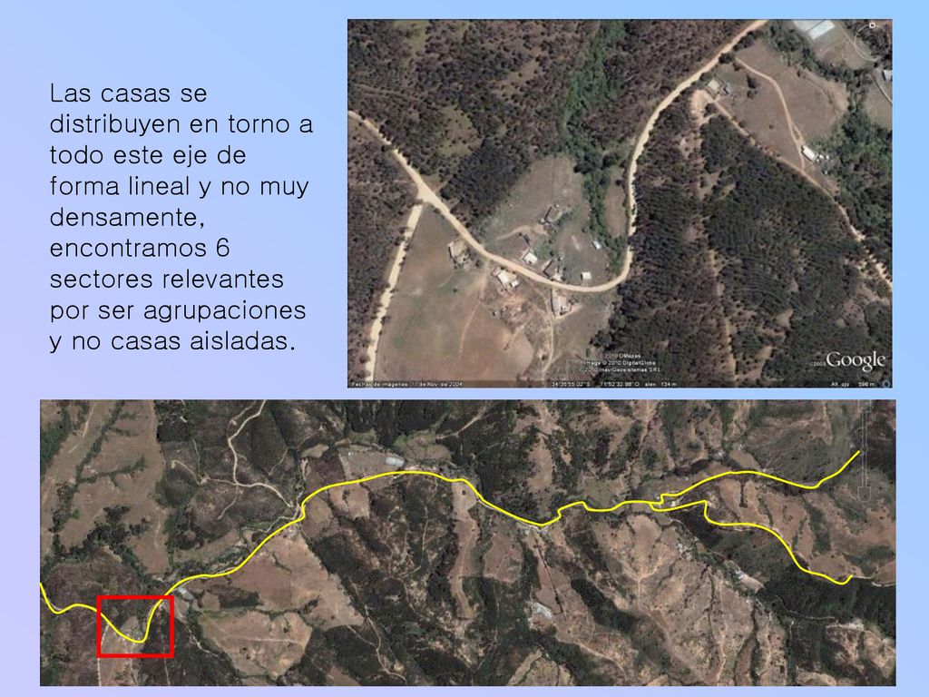 Las casas se distribuyen en torno a todo este eje de forma lineal y no muy densamente, encontramos 6 sectores relevantes por ser agrupaciones y no casas aisladas.
