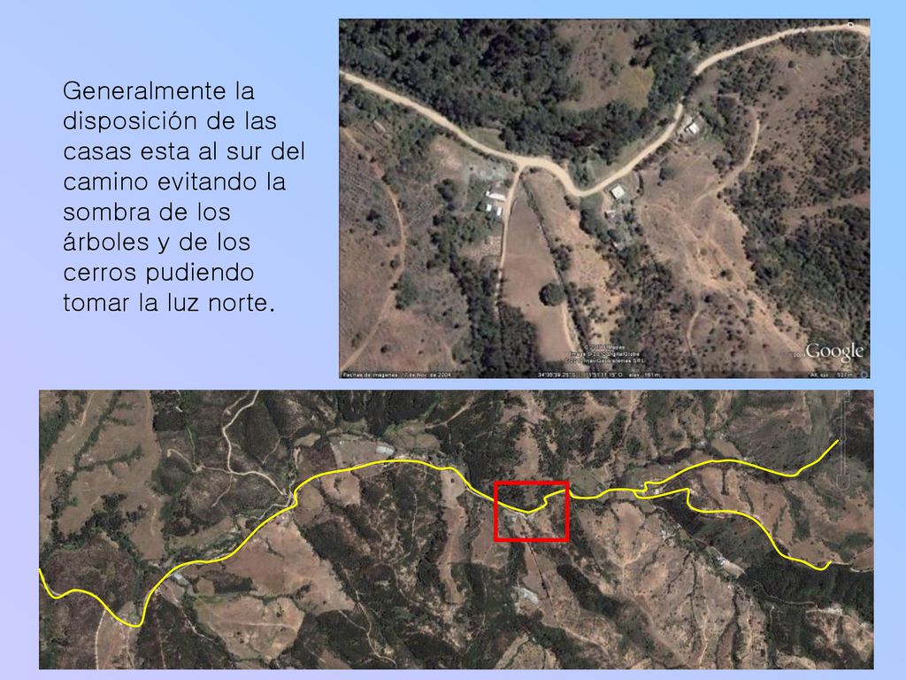 Generalmente la disposición de las casas esta al sur del camino evitando la sombra de los árboles y de los cerros pudiendo tomar la luz norte.