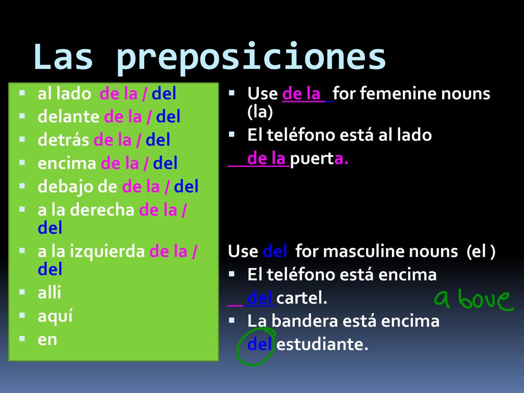 Las preposiciones al lado de la / del delante de la / del
