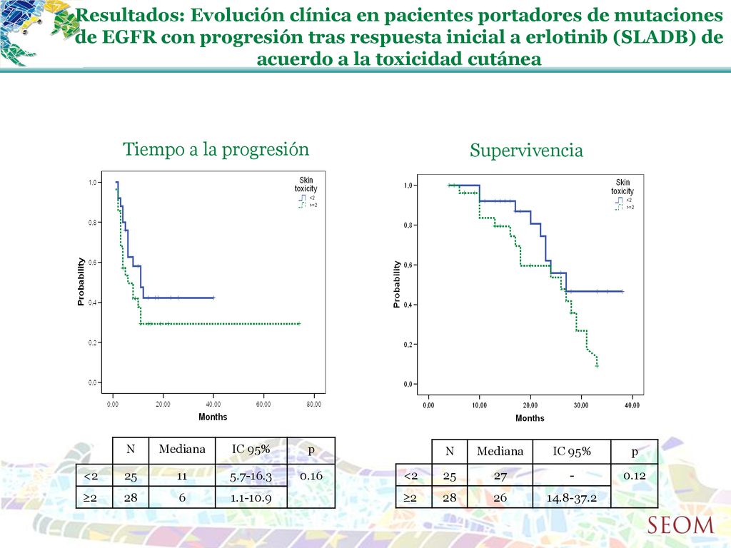 Resultados: Evolución clínica en pacientes portadores de mutaciones de EGFR con progresión tras respuesta inicial a erlotinib (SLADB) de acuerdo a la toxicidad cutánea