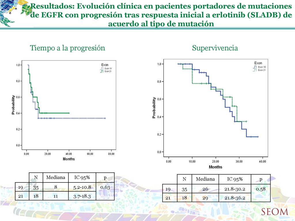 Resultados: Evolución clínica en pacientes portadores de mutaciones de EGFR con progresión tras respuesta inicial a erlotinib (SLADB) de acuerdo al tipo de mutación