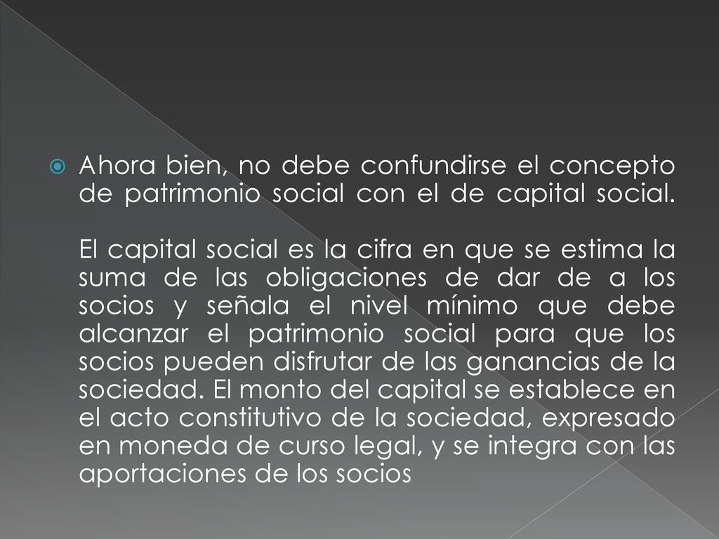 Ahora bien, no debe confundirse el concepto de patrimonio social con el de capital social.