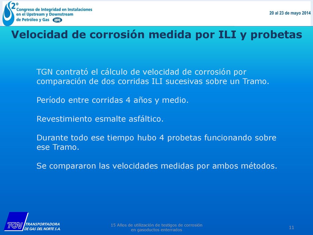 Velocidad de corrosión medida por ILI y probetas