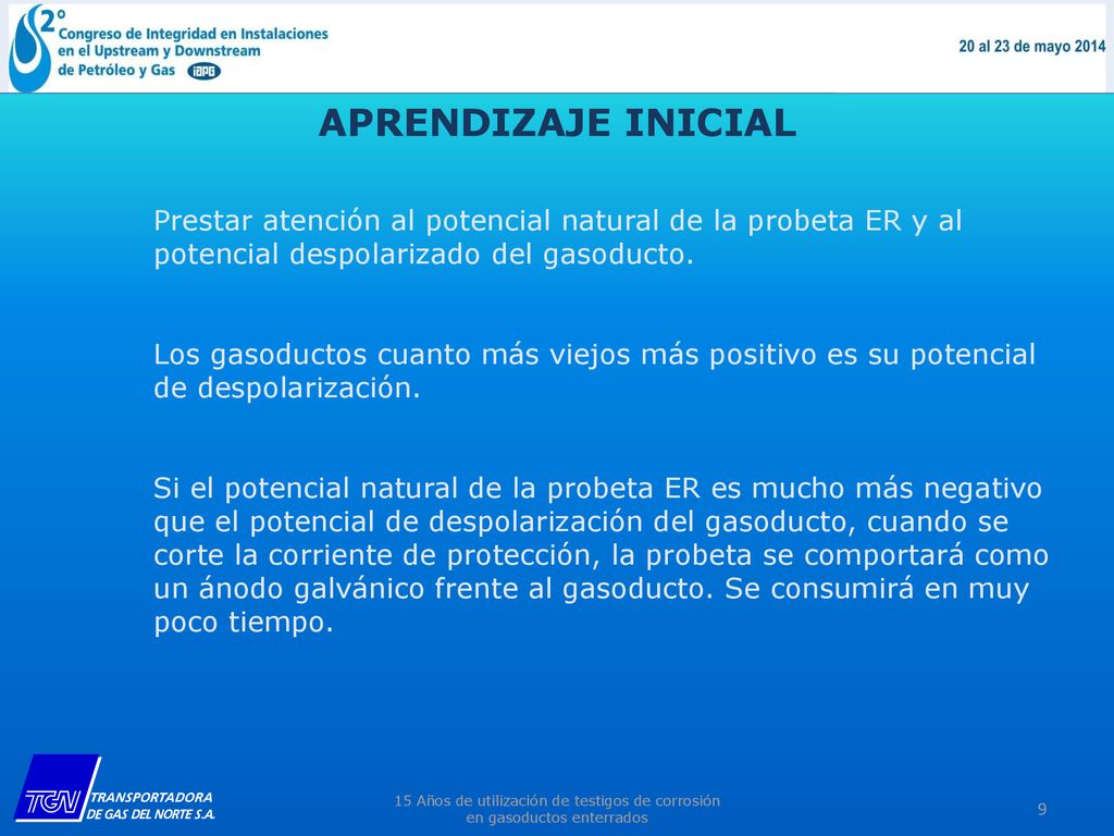 APRENDIZAJE INICIAL Prestar atención al potencial natural de la probeta ER y al potencial despolarizado del gasoducto.