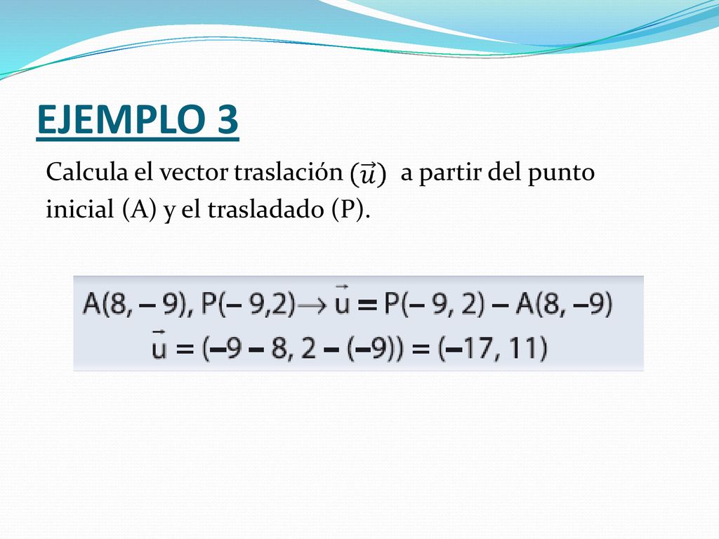 EJEMPLO 3 Calcula el vector traslación a partir del punto inicial (A) y el trasladado (P).