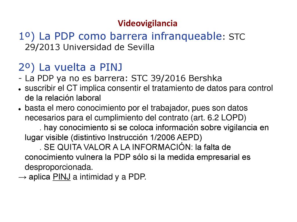 Videovigilancia 1º) La PDP como barrera infranqueable: STC 29/2013 Universidad de Sevilla. 2º) La vuelta a PINJ.