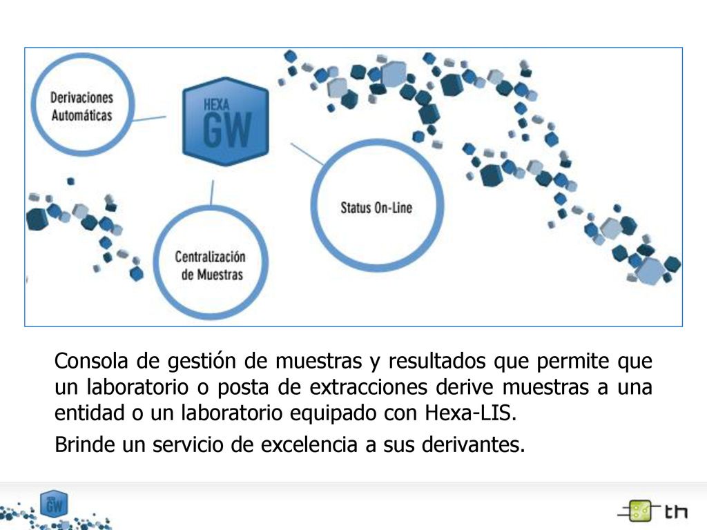 Consola de gestión de muestras y resultados que permite que un laboratorio o posta de extracciones derive muestras a una entidad o un laboratorio equipado con Hexa-LIS.