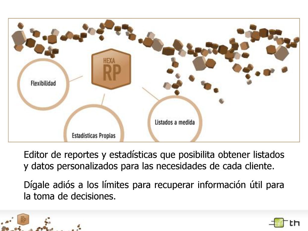 Editor de reportes y estadísticas que posibilita obtener listados y datos personalizados para las necesidades de cada cliente.