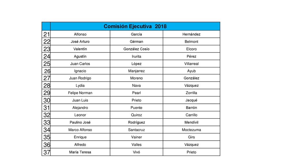 Comisión Ejecutiva Alfonso. García. Hernández. 22. José Arturo. Gérman. Belmont. 23.