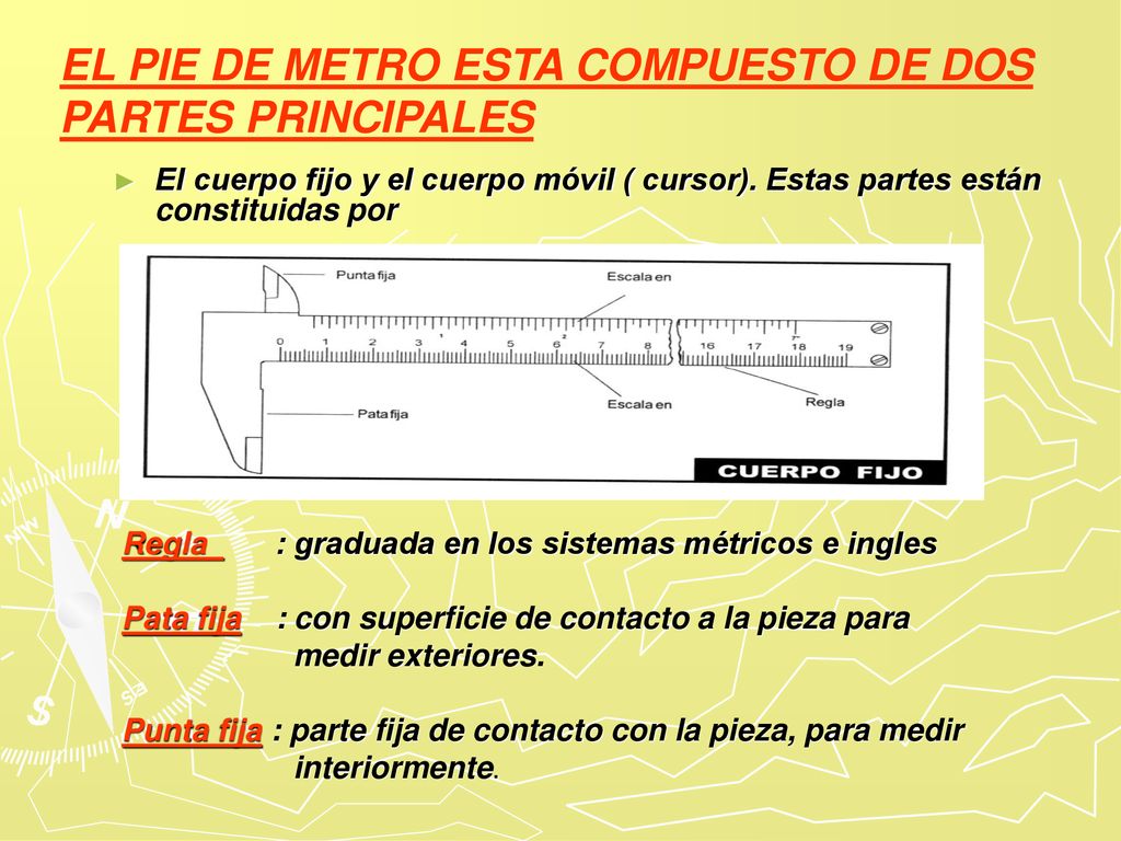 PIE DE METRO Es un instrumento para medir longitudes que permite lecturas  de fracción de milímetro, y fracción de pulgadas a través de una escala  llamada. - ppt descargar