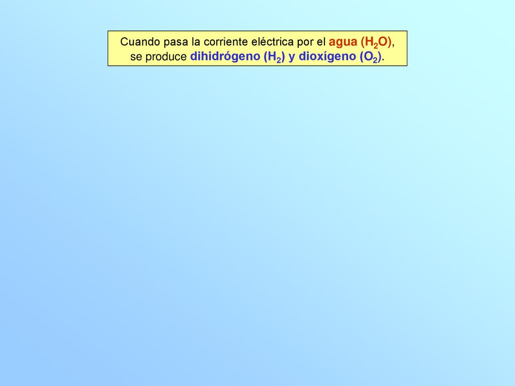 Cuando pasa la corriente eléctrica por el agua (H2O), se produce dihidrógeno (H2) y dioxígeno (O2).