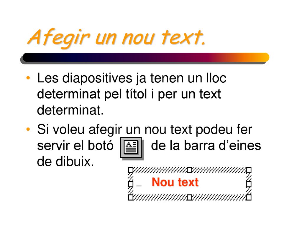 Afegir un nou text. Les diapositives ja tenen un lloc determinat pel títol i per un text determinat.