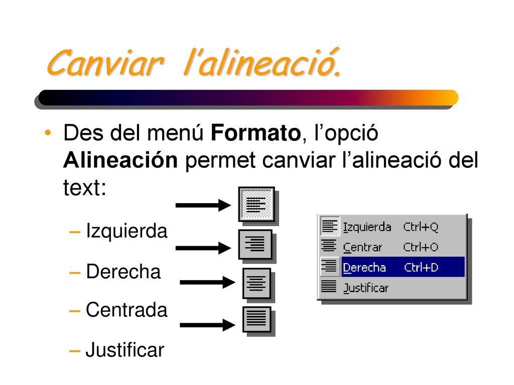 Canviar l’alineació. Des del menú Formato, l’opció Alineación permet canviar l’alineació del text: