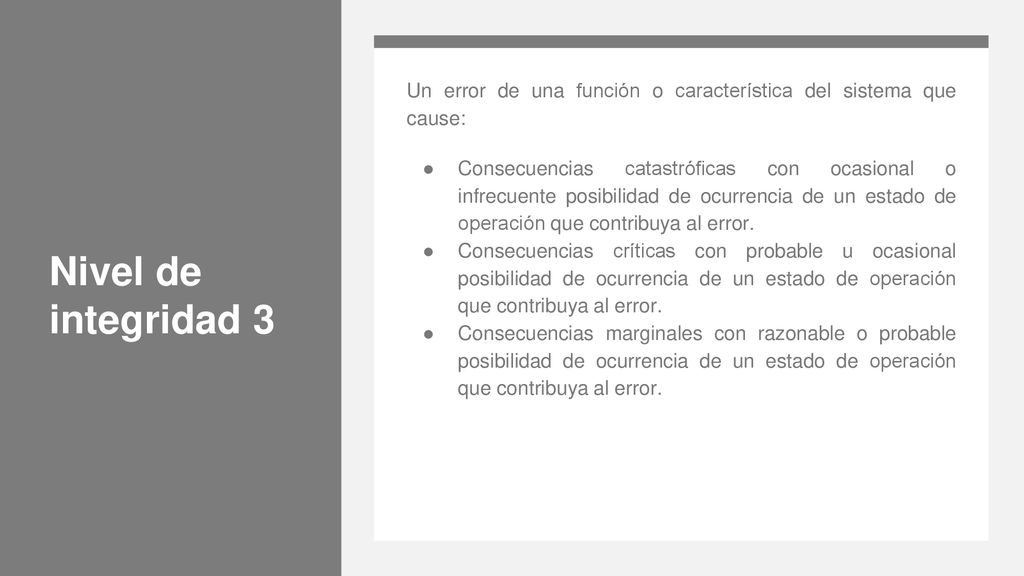 Nivel de integridad 3 Un error de una función o característica del sistema que cause:
