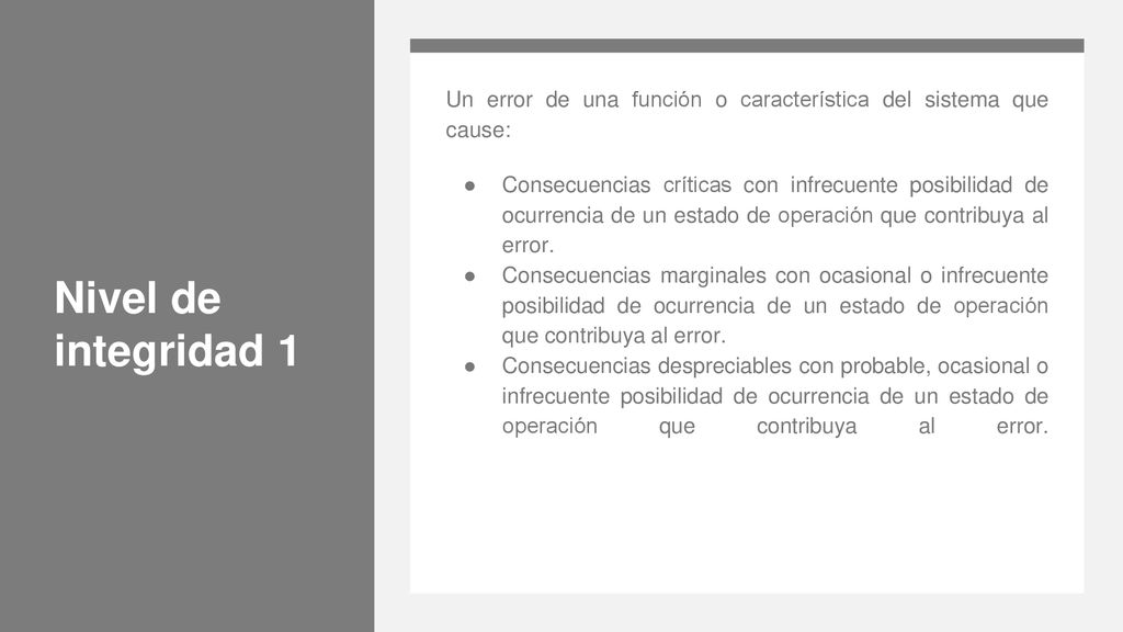 Nivel de integridad 1 Un error de una función o característica del sistema que cause:
