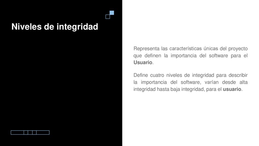 Niveles de integridad Representa las características únicas del proyecto que definen la importancia del software para el Usuario.