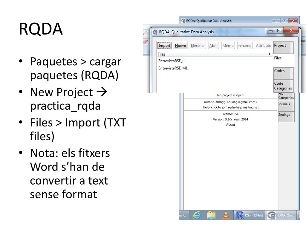 RQDA Paquetes > cargar paquetes (RQDA) New Project  practica_rqda