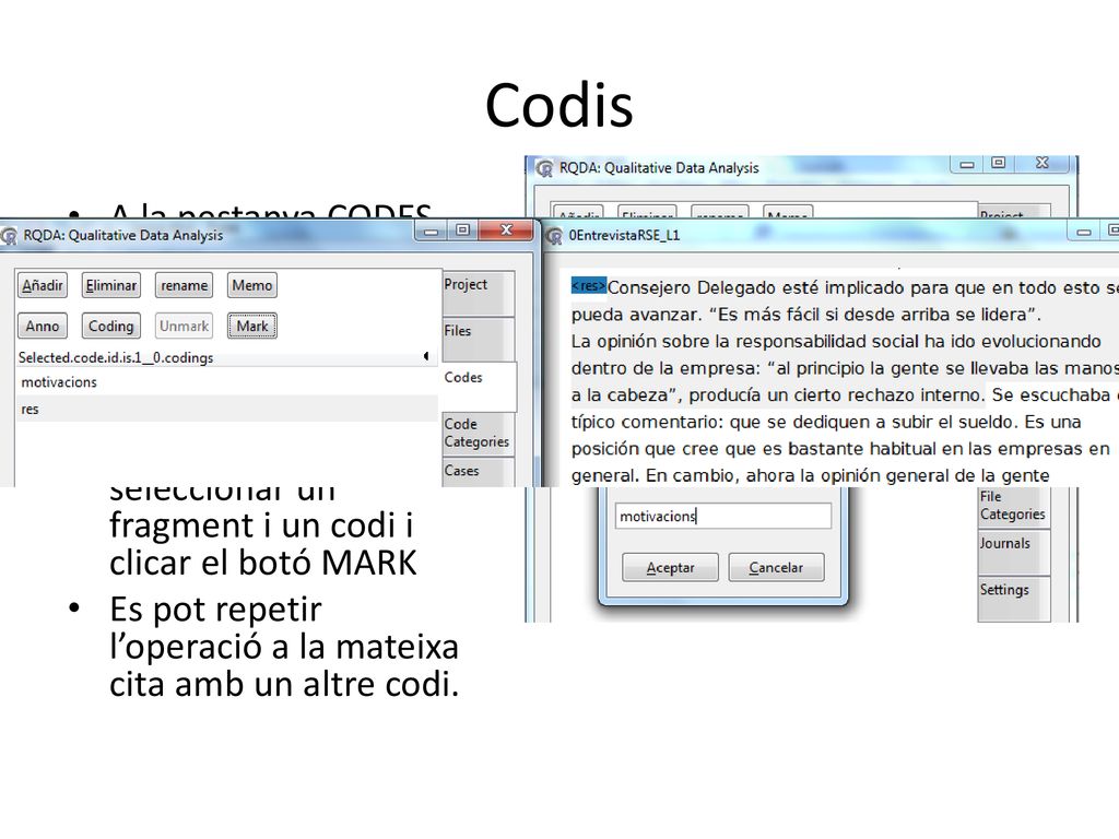 Codis A la pestanya CODES, hem de crear nous codis (Añadir).