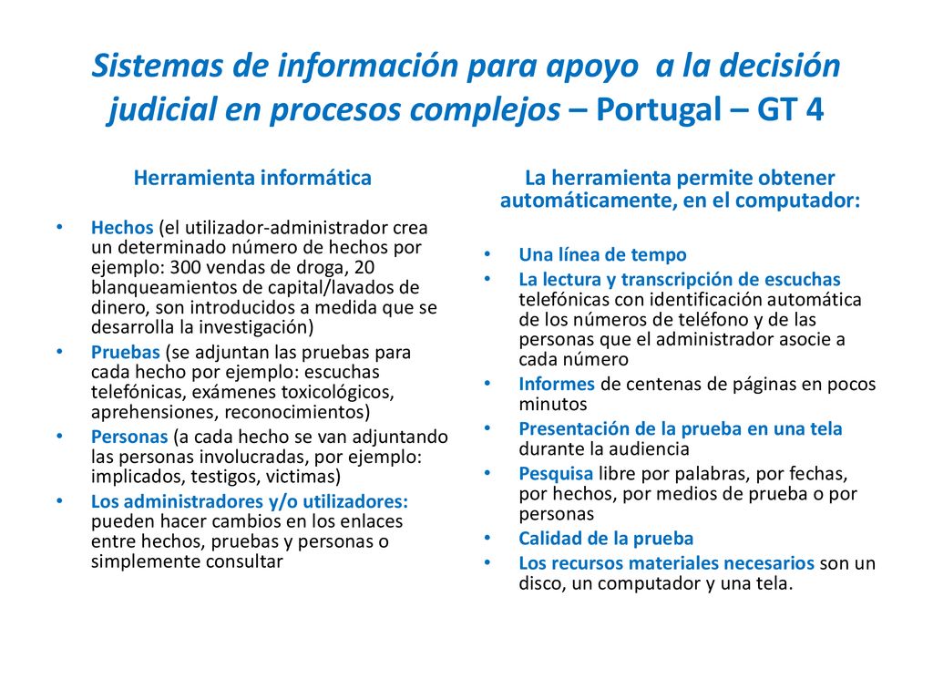 Sistemas de información para apoyo a la decisión judicial en procesos complejos – Portugal – GT 4