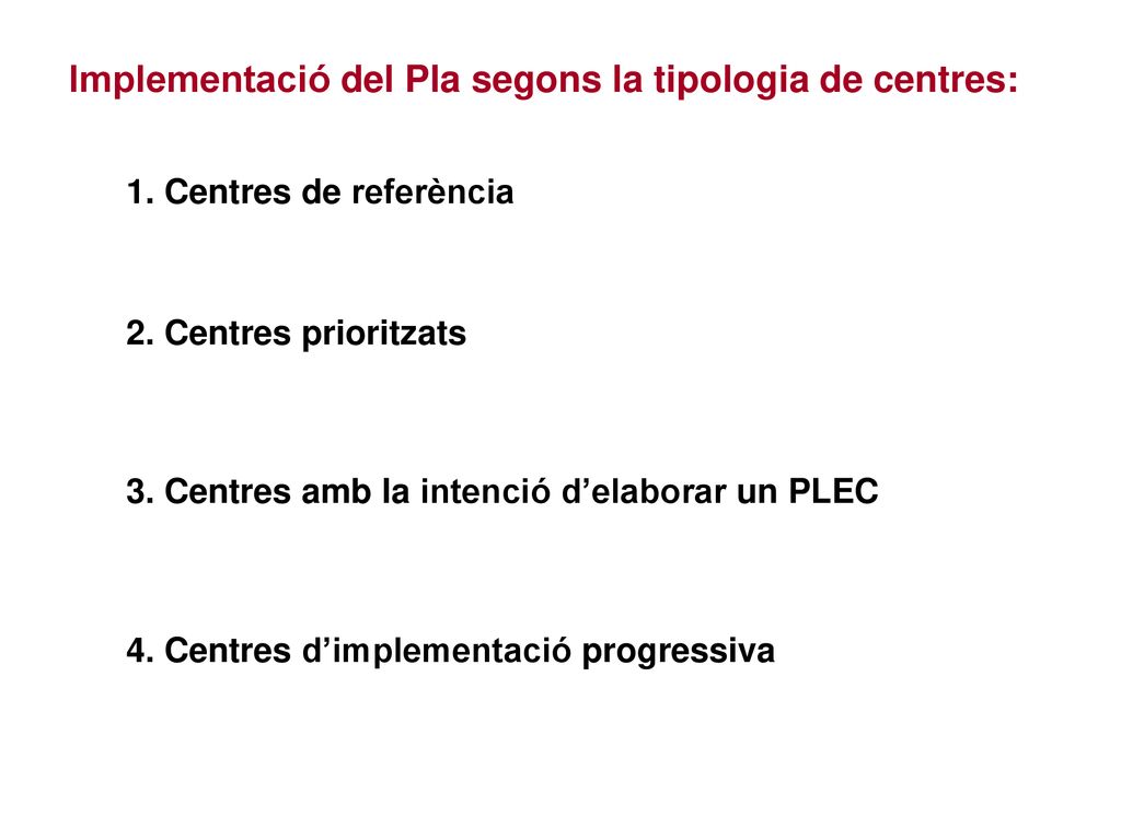Implementació del Pla segons la tipologia de centres: