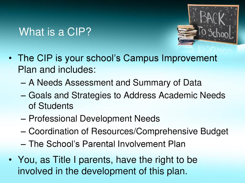 What is a CIP The CIP is your school’s Campus Improvement Plan and includes: A Needs Assessment and Summary of Data.