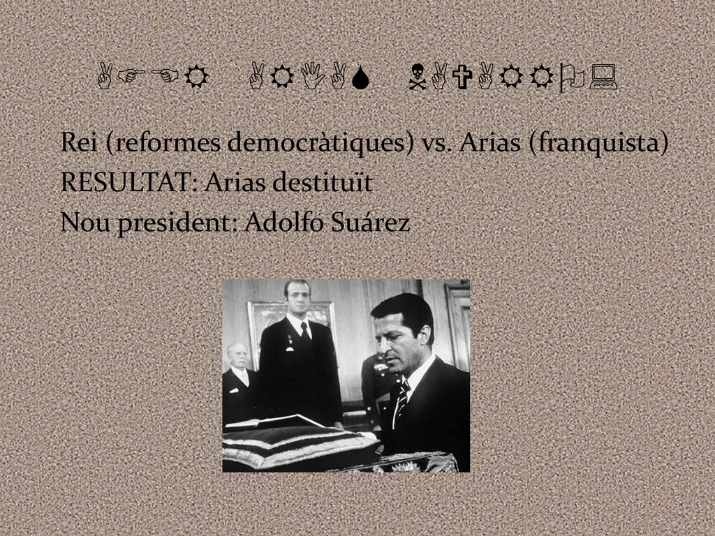 AFER ARIAS NAVARRO: Rei (reformes democràtiques) vs. Arias (franquista) RESULTAT: Arias destituït.