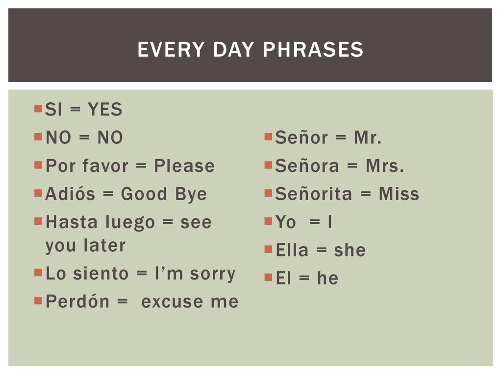 Every day phrases SI = YES NO = NO Por favor = Please Adiós = Good Bye