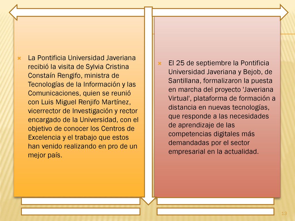 La Pontificia Universidad Javeriana recibió la visita de Sylvia Cristina Constaín Rengifo, ministra de Tecnologías de la Información y las Comunicaciones, quien se reunió con Luis Miguel Renjifo Martínez, vicerrector de Investigación y rector encargado de la Universidad, con el objetivo de conocer los Centros de Excelencia y el trabajo que estos han venido realizando en pro de un mejor país.