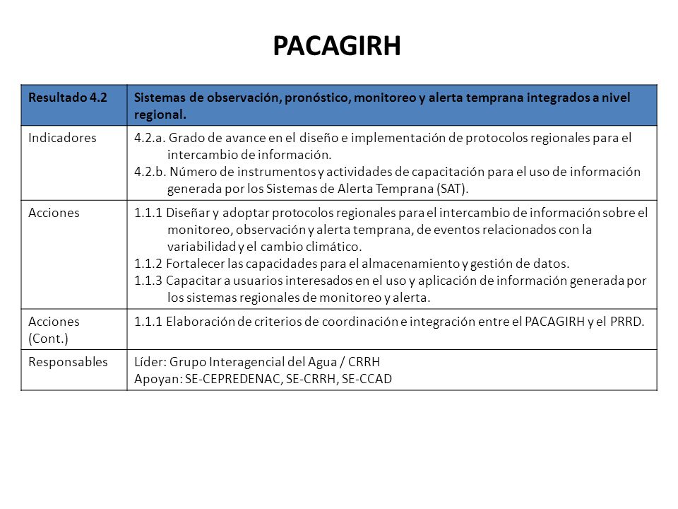 PACAGIRH Resultado 4.2. Sistemas de observación, pronóstico, monitoreo y alerta temprana integrados a nivel regional.