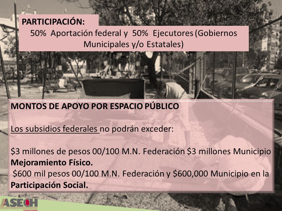 PARTICIPACIÓN: 50% Aportación federal y 50% Ejecutores (Gobiernos Municipales y/o Estatales) MONTOS DE APOYO POR ESPACIO PÚBLICO.