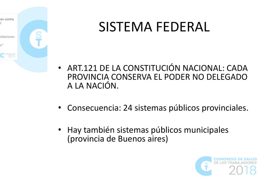 SISTEMA FEDERAL ART.121 DE LA CONSTITUCIÓN NACIONAL: CADA PROVINCIA CONSERVA EL PODER NO DELEGADO A LA NACIÓN.