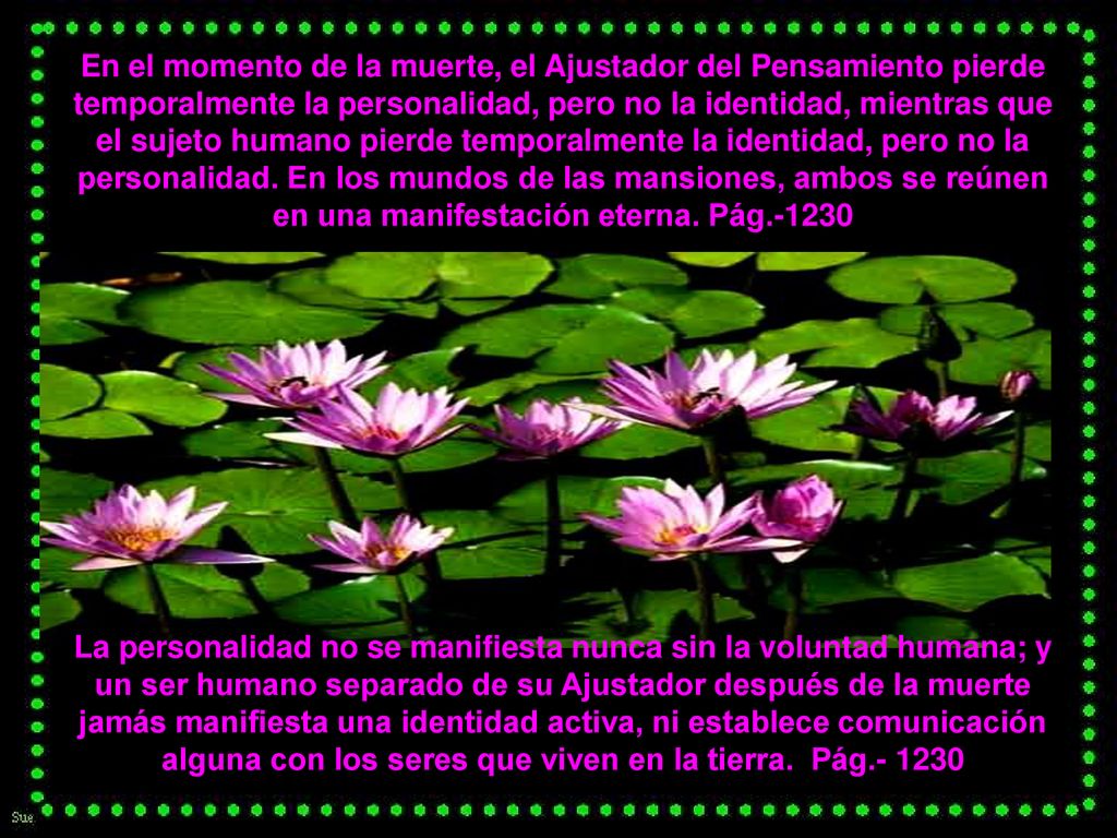 En el momento de la muerte, el Ajustador del Pensamiento pierde temporalmente la personalidad, pero no la identidad, mientras que el sujeto humano pierde temporalmente la identidad, pero no la personalidad. En los mundos de las mansiones, ambos se reúnen en una manifestación eterna. Pág.-1230