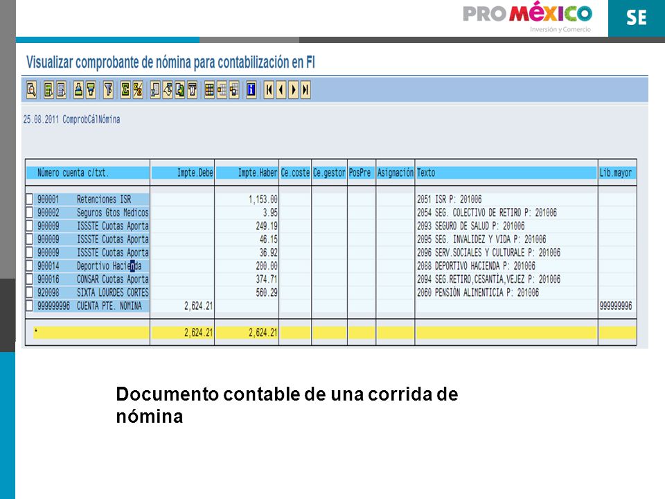 Documento contable de una corrida de nómina