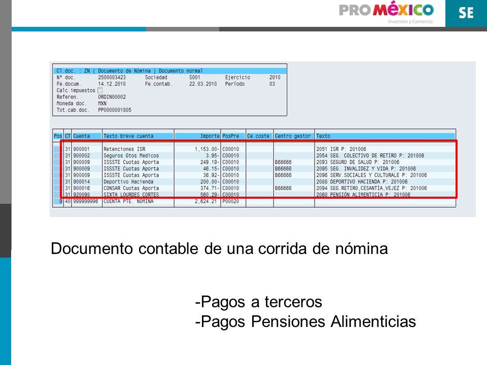 Documento contable de una corrida de nómina