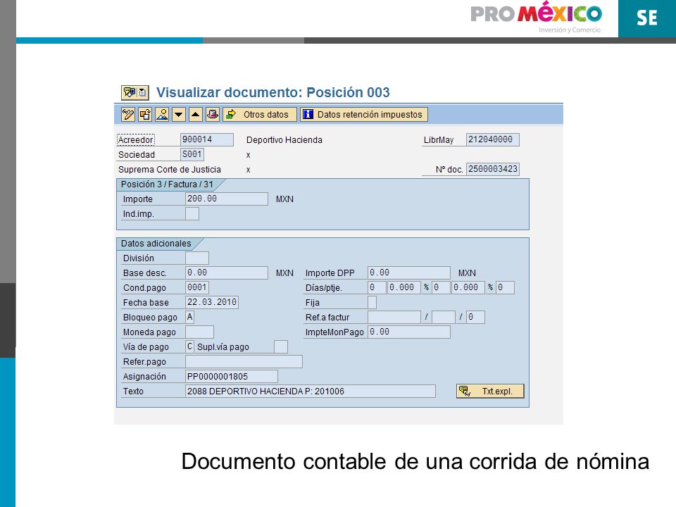 Documento contable de una corrida de nómina