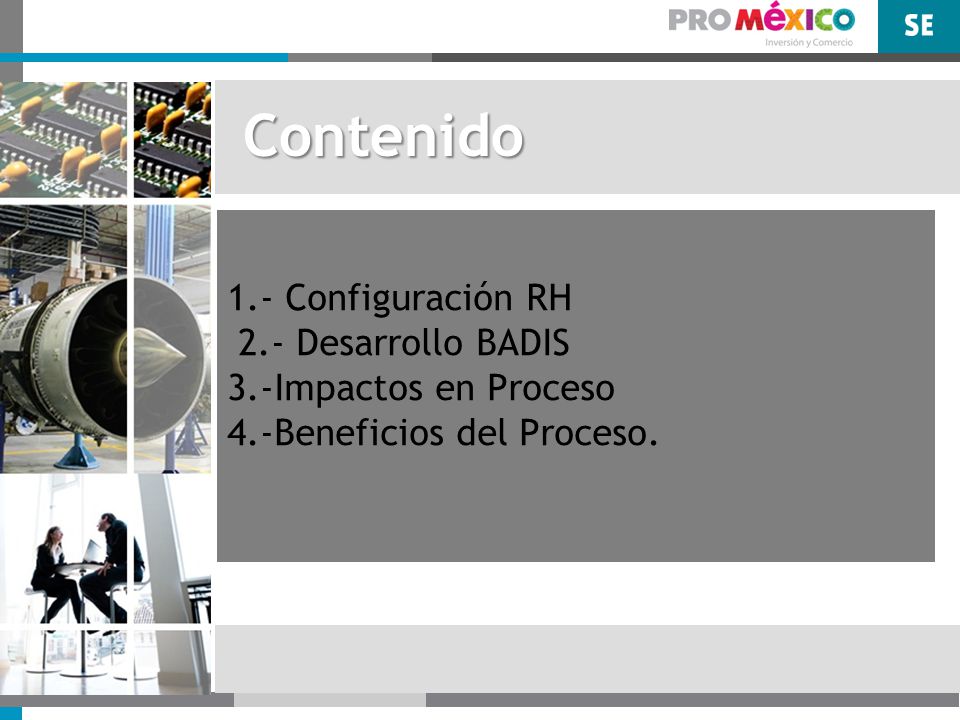 Contenido 1.- Configuración RH 2.- Desarrollo BADIS 3.-Impactos en Proceso 4.-Beneficios del Proceso.