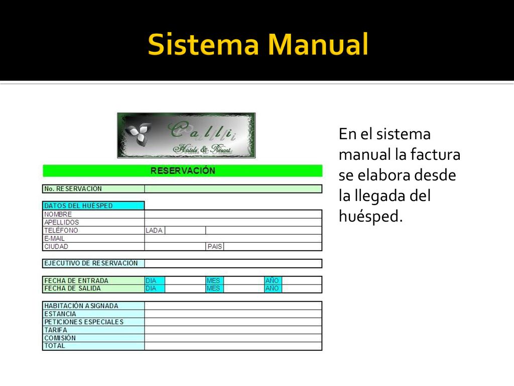 Sistema Manual En el sistema manual la factura se elabora desde la llegada del huésped.