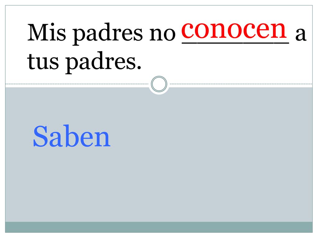 conocen Mis padres no _______ a tus padres. Saben