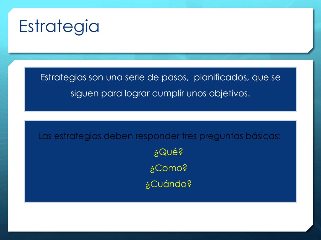 Estrategia Estrategias son una serie de pasos, planificados, que se siguen para lograr cumplir unos objetivos.