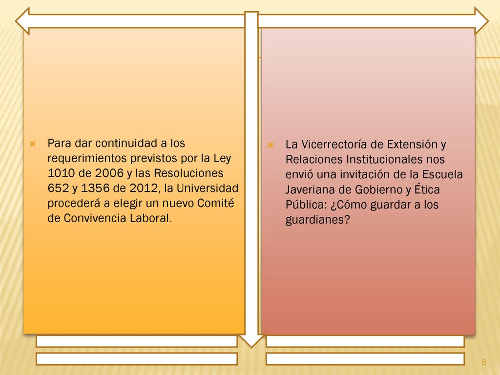 Para dar continuidad a los requerimientos previstos por la Ley 1010 de 2006 y las Resoluciones 652 y 1356 de 2012, la Universidad procederá a elegir un nuevo Comité de Convivencia Laboral.
