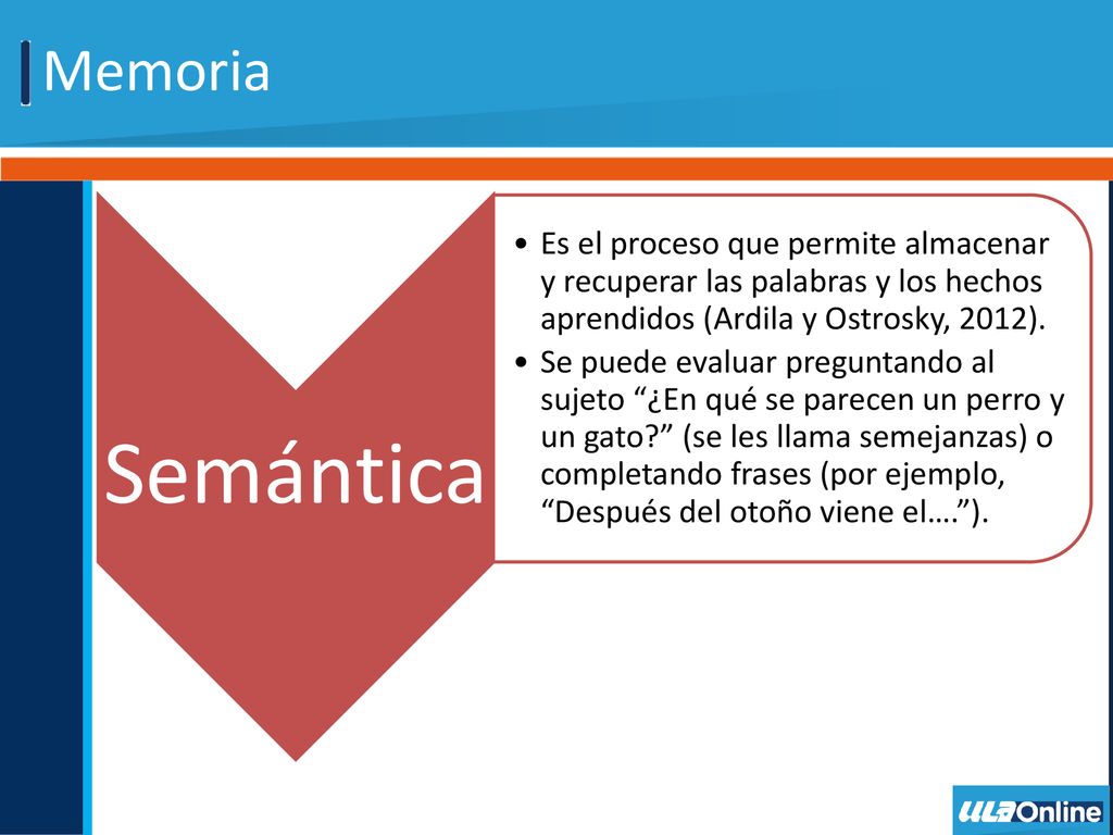 Memoria Semántica. Es el proceso que permite almacenar y recuperar las palabras y los hechos aprendidos (Ardila y Ostrosky, 2012).