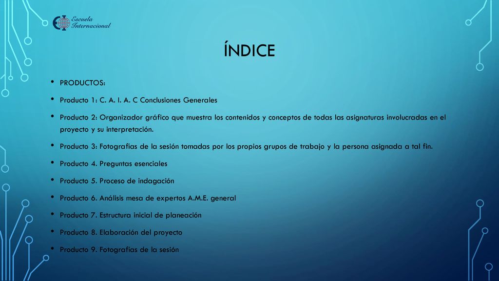 ÍNDICE PRODUCTOS: Producto 1: C. A. I. A. C Conclusiones Generales