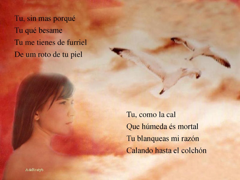 Tu, sin mas porqué Tu qué besame. Tu me tienes de furriel. De um roto de tu piel. Tu, como la cal.