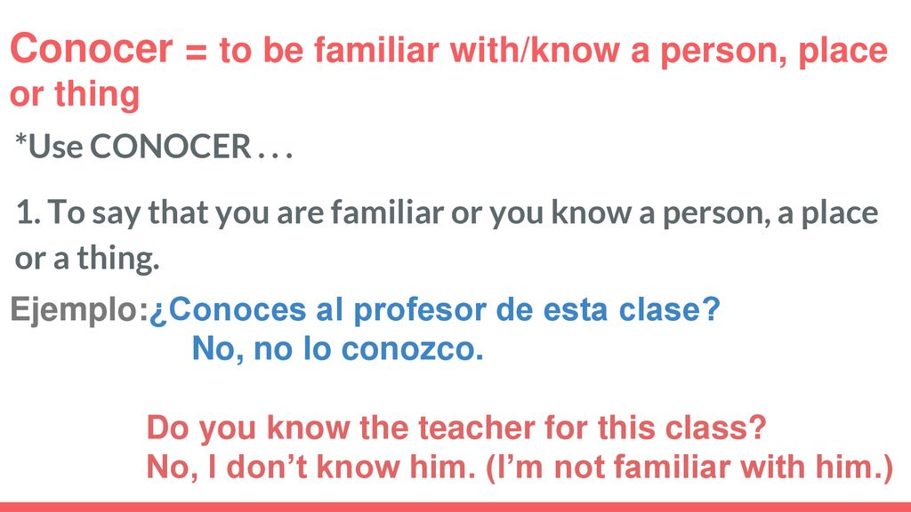 Conocer = to be familiar with/know a person, place or thing