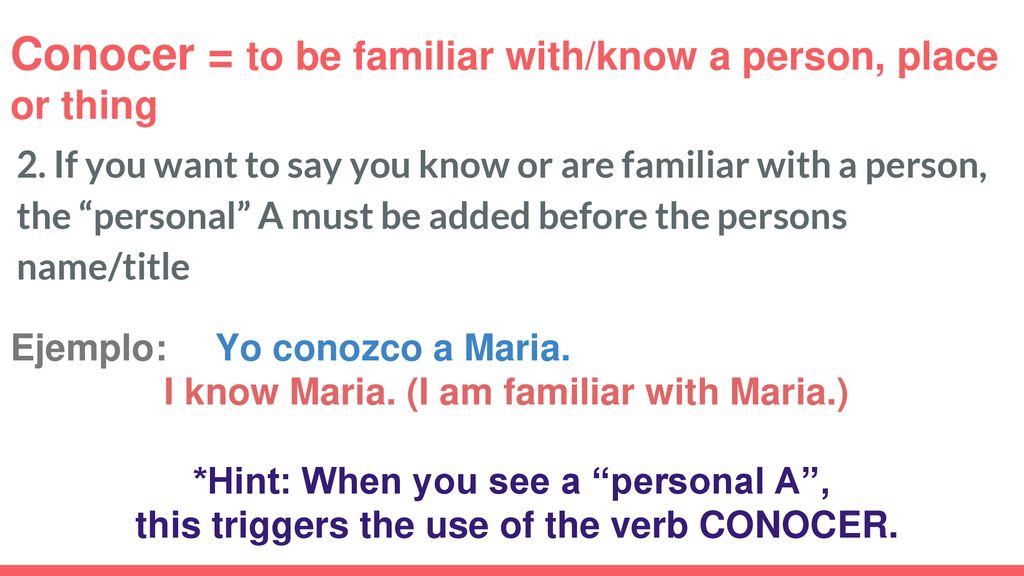 Conocer = to be familiar with/know a person, place or thing