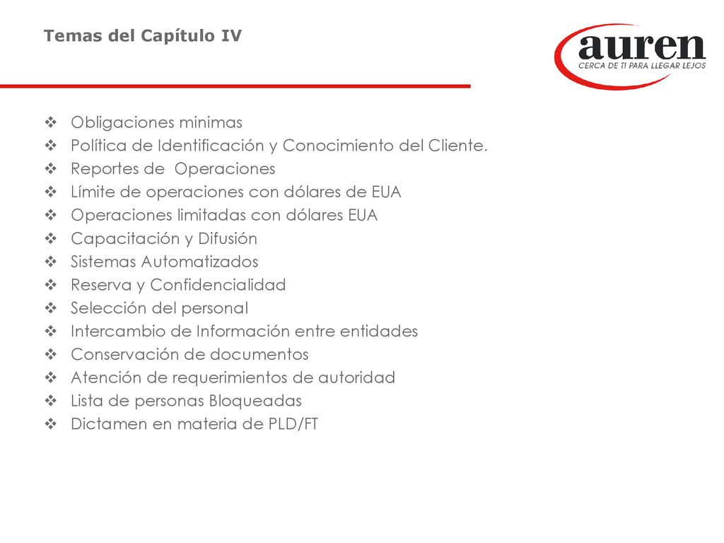 Temas del Capítulo IV Obligaciones minimas. Política de Identificación y Conocimiento del Cliente.