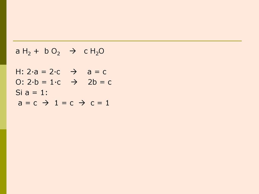 a H2 + b O2  c H2O H: 2·a = 2·c  a = c.