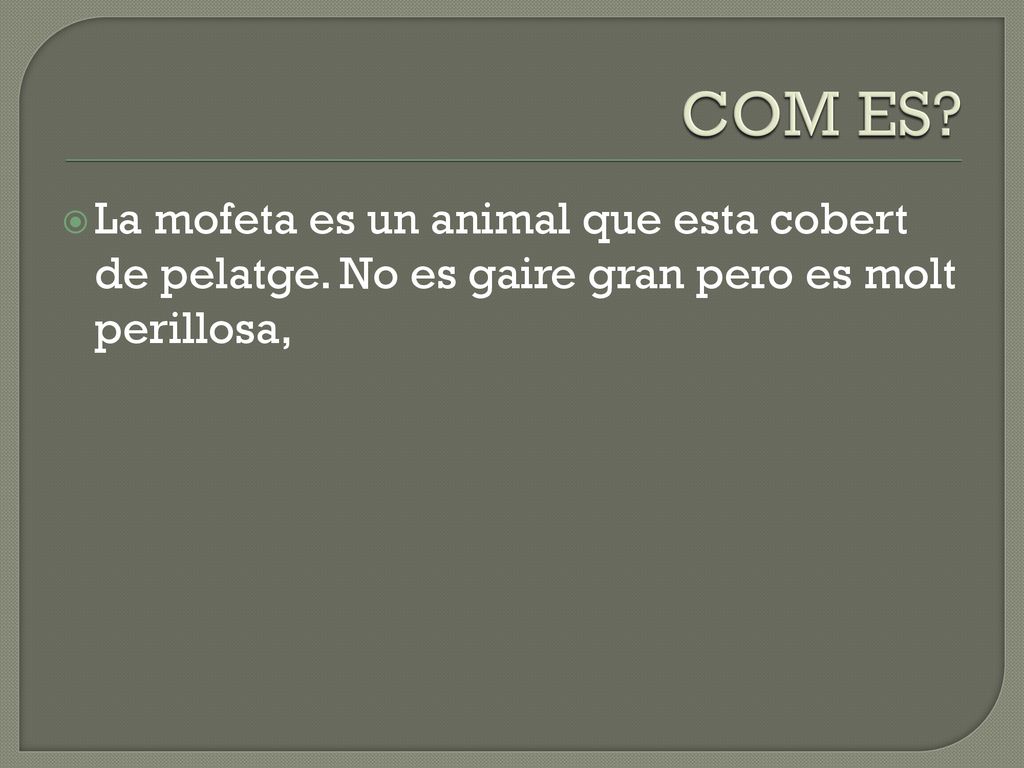 COM ES La mofeta es un animal que esta cobert de pelatge. No es gaire gran pero es molt perillosa,